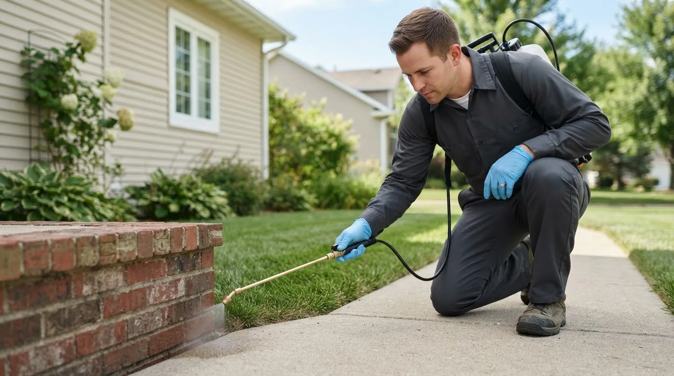 Pest control technician treating a home near Zwingle, IA