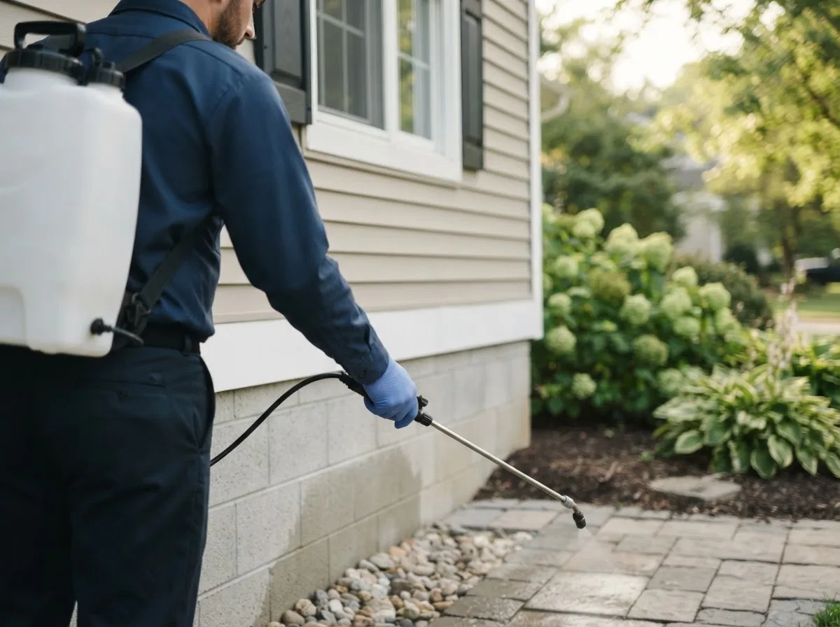 Pest control technician inspecting a home in Zwingle, IA